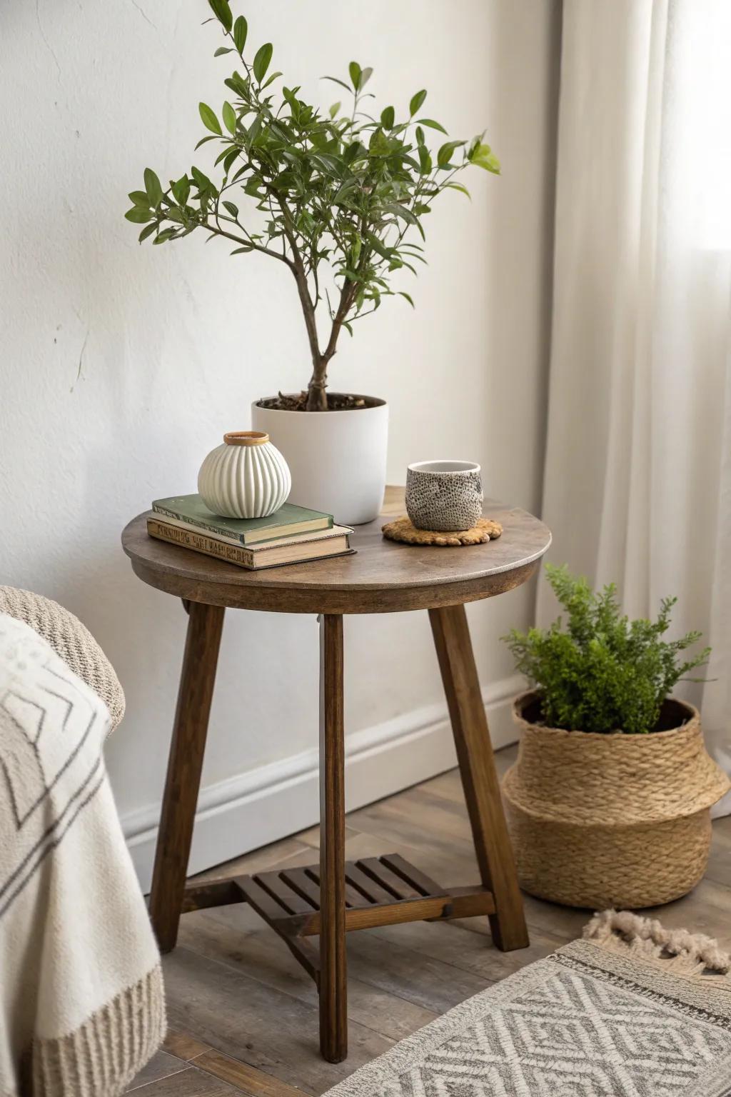 Greenery brings a fresh touch with a potted plant.