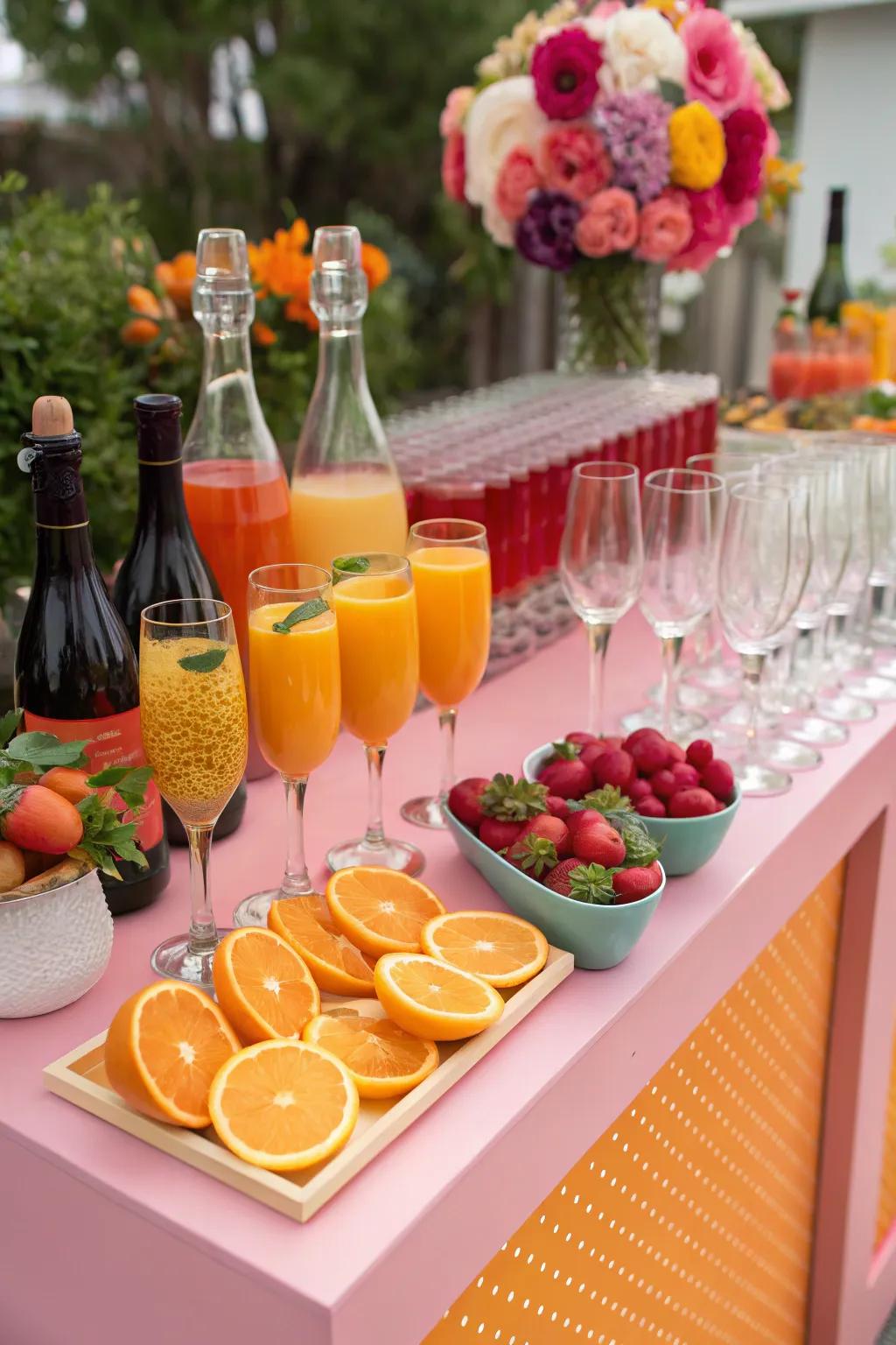 A vibrant mimosa station that encourages guests to experiment with mixing and matching their favorite tastes.