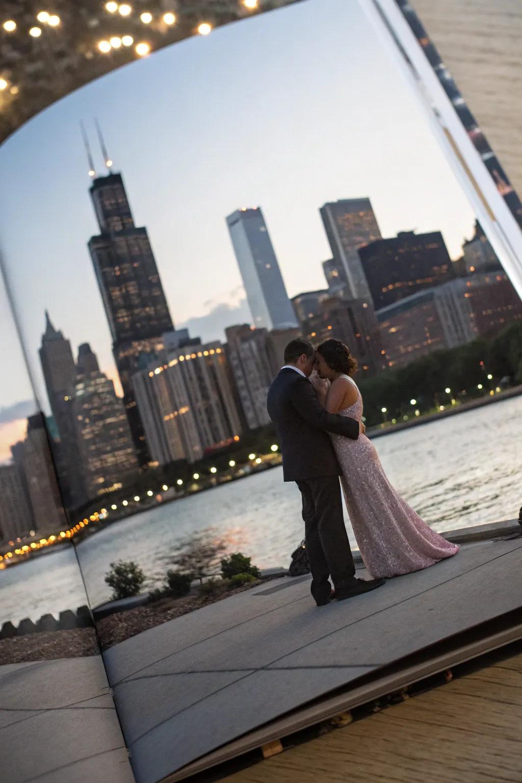 An elegant metropolitan engagement instant captured against a cityscape.