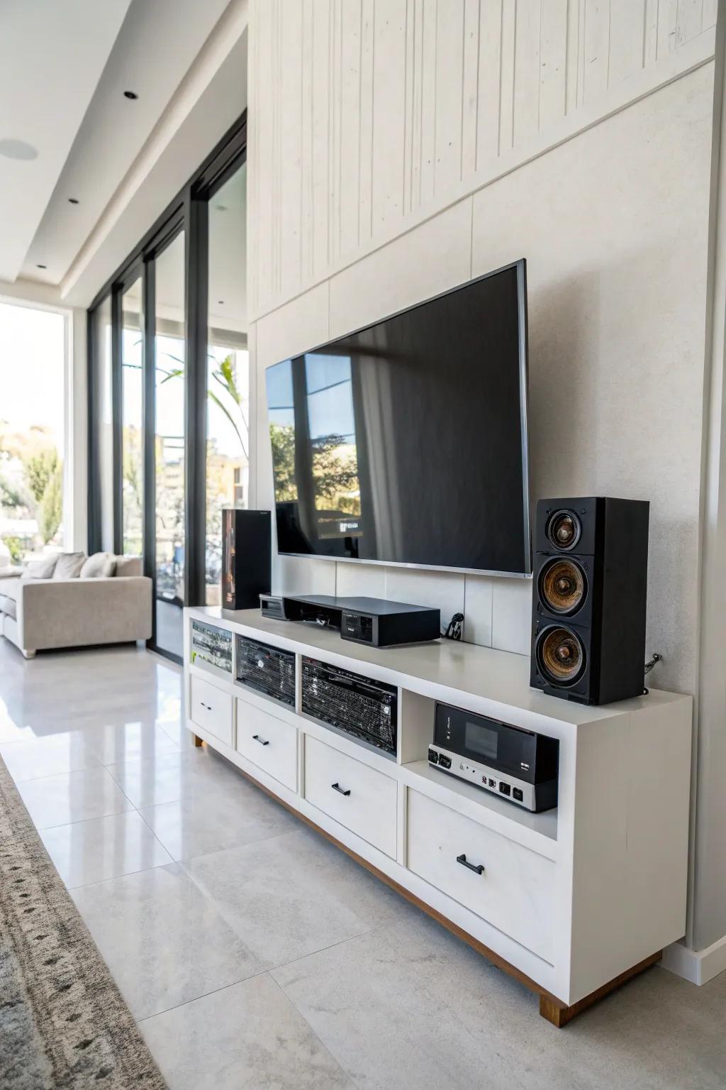 An elegant entertainment center featuring a TV mounted on the wall.