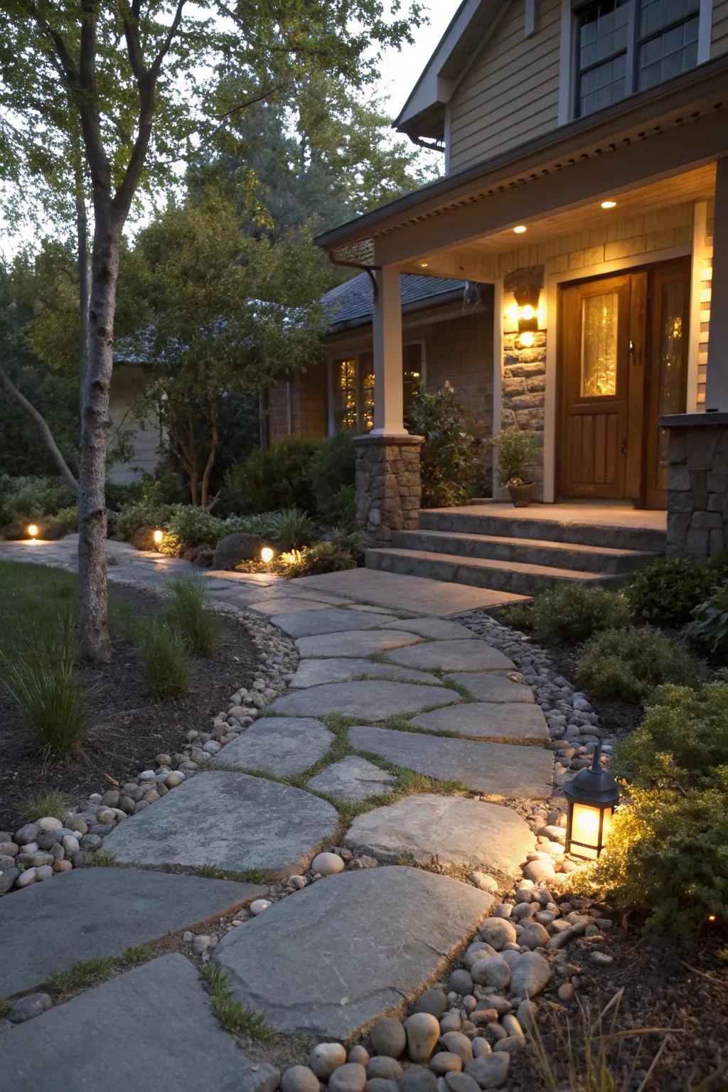 A captivating stone path with lighting leading you to the front porch.