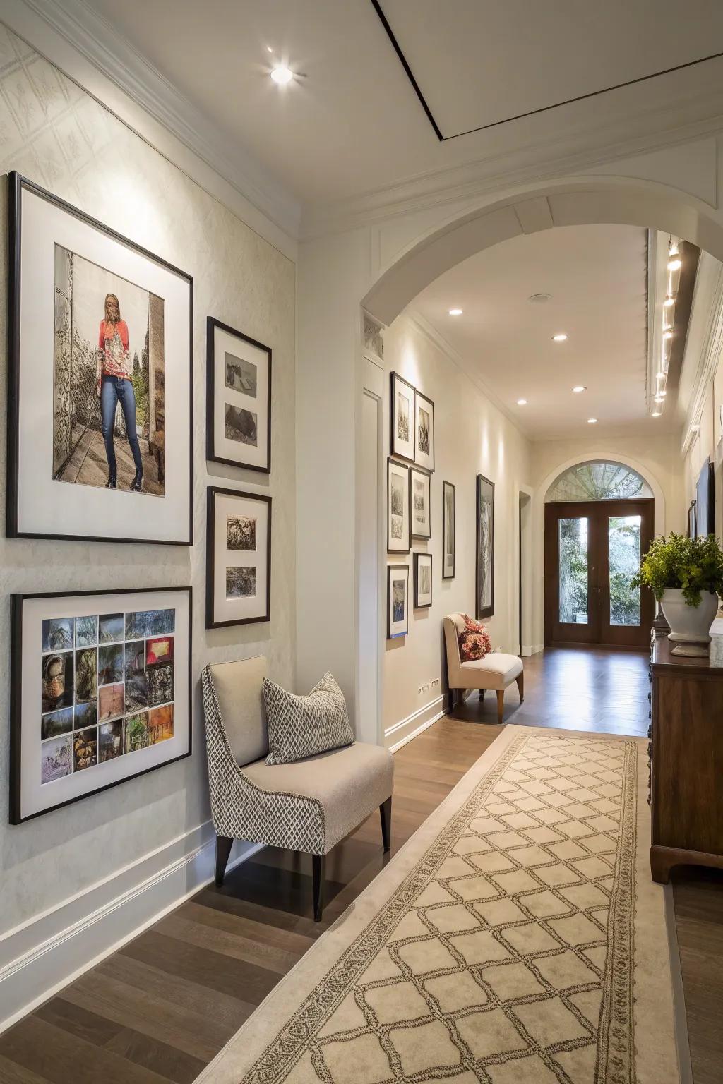 Gallery walls add a personal and cozy touch to entry hallways.