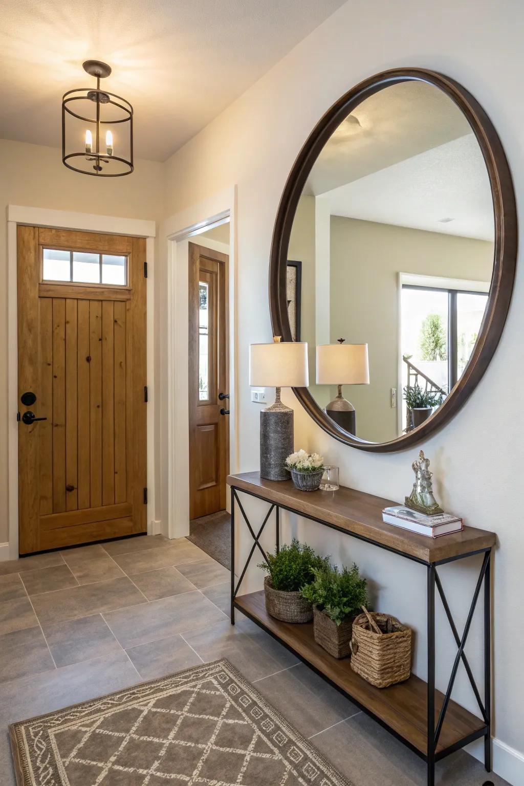 Mirrors enhance the space by reflecting light and adding depth.
