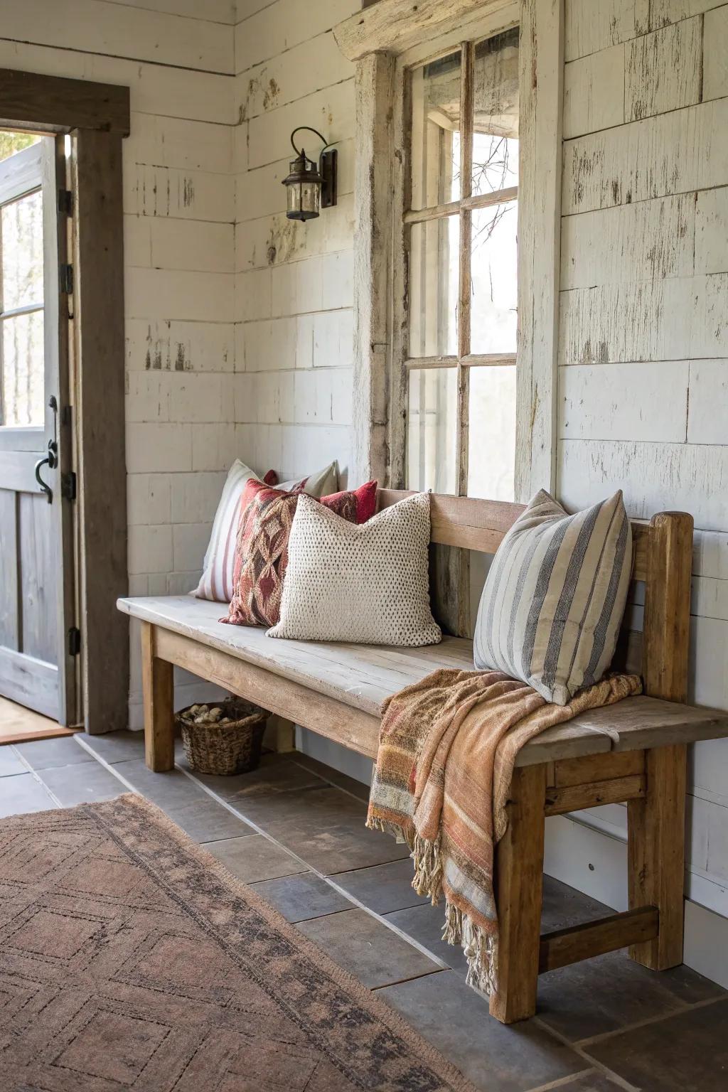 A rustic farmhouse-style bench adds warmth to this inviting entryway.