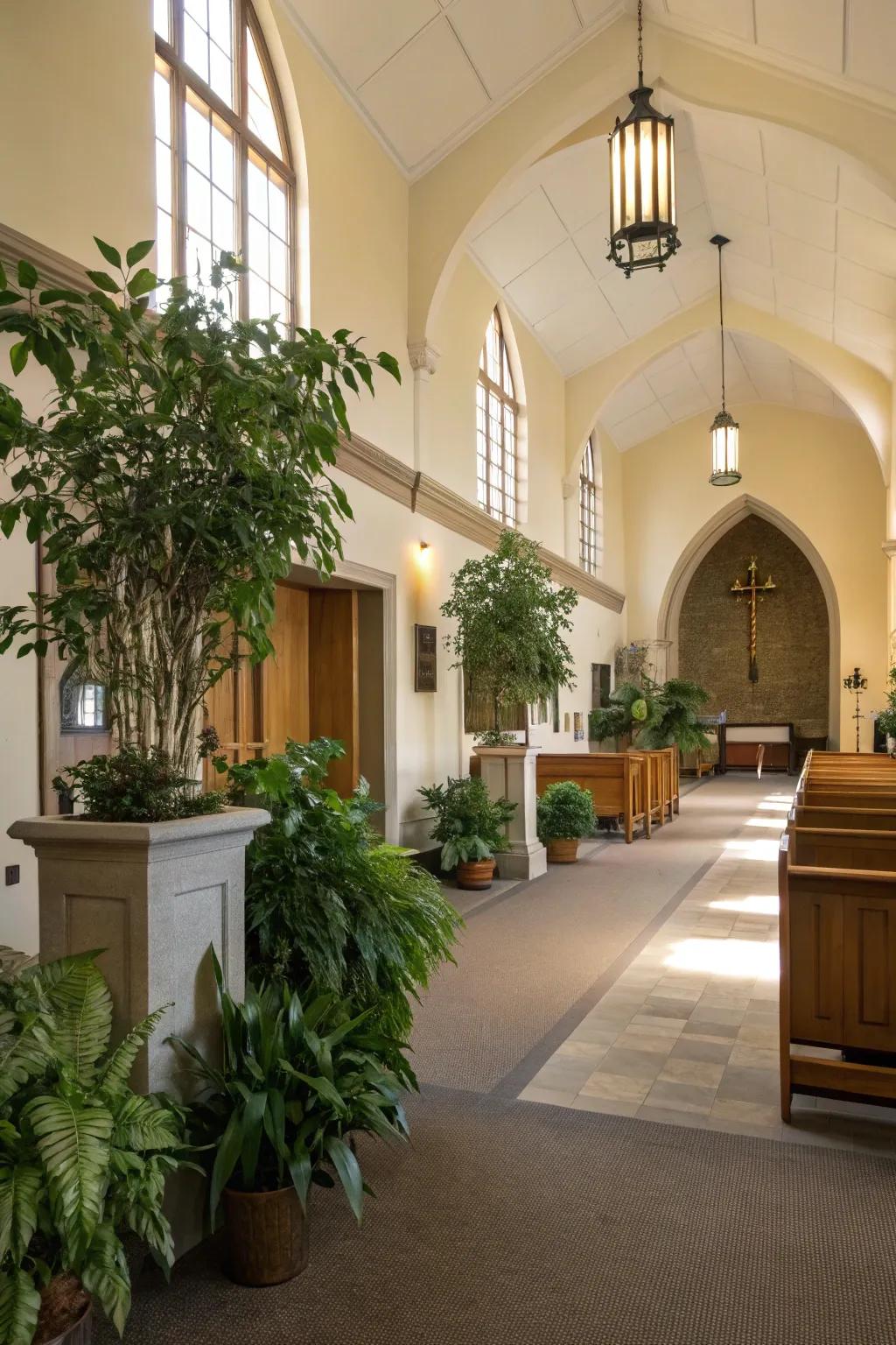 Green plants introduce vibrancy and nature to the church foyer.