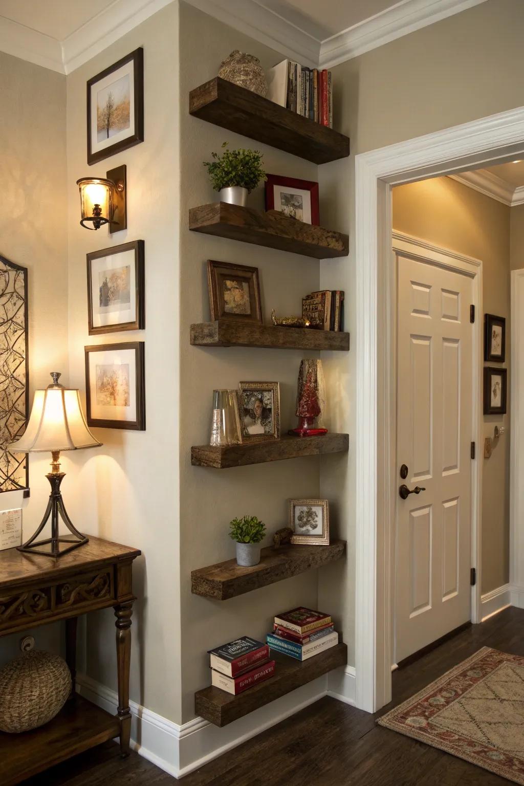 Floating shelves introduce both storage and flair to any corner.