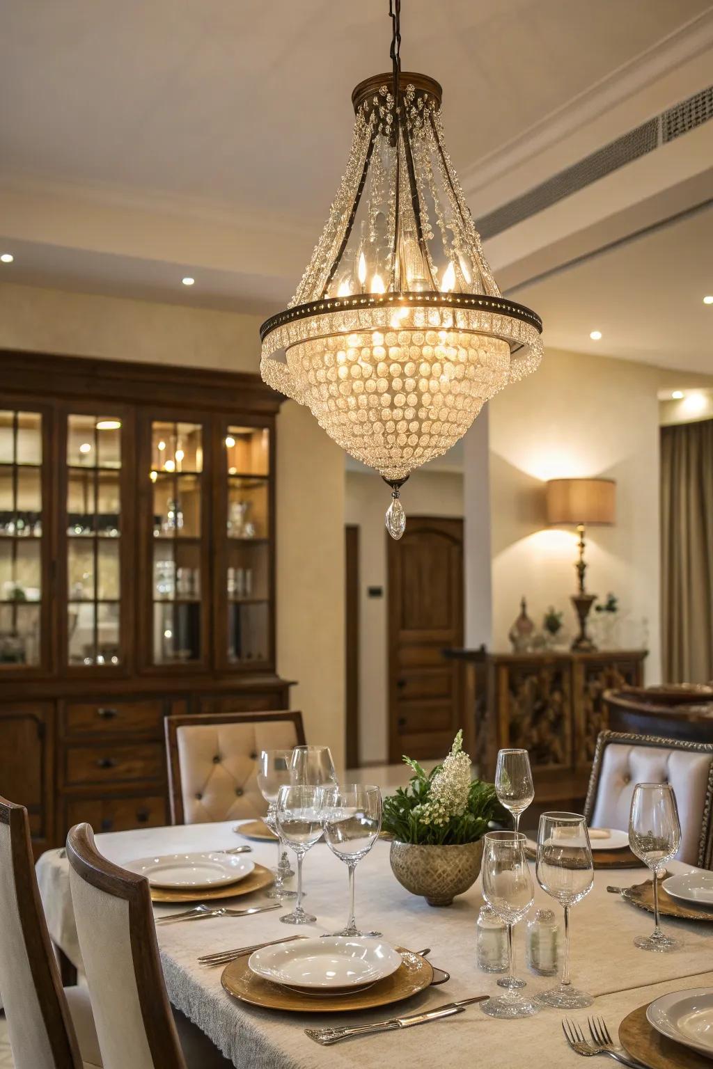 A chandelier adds class and focuses the dining space.