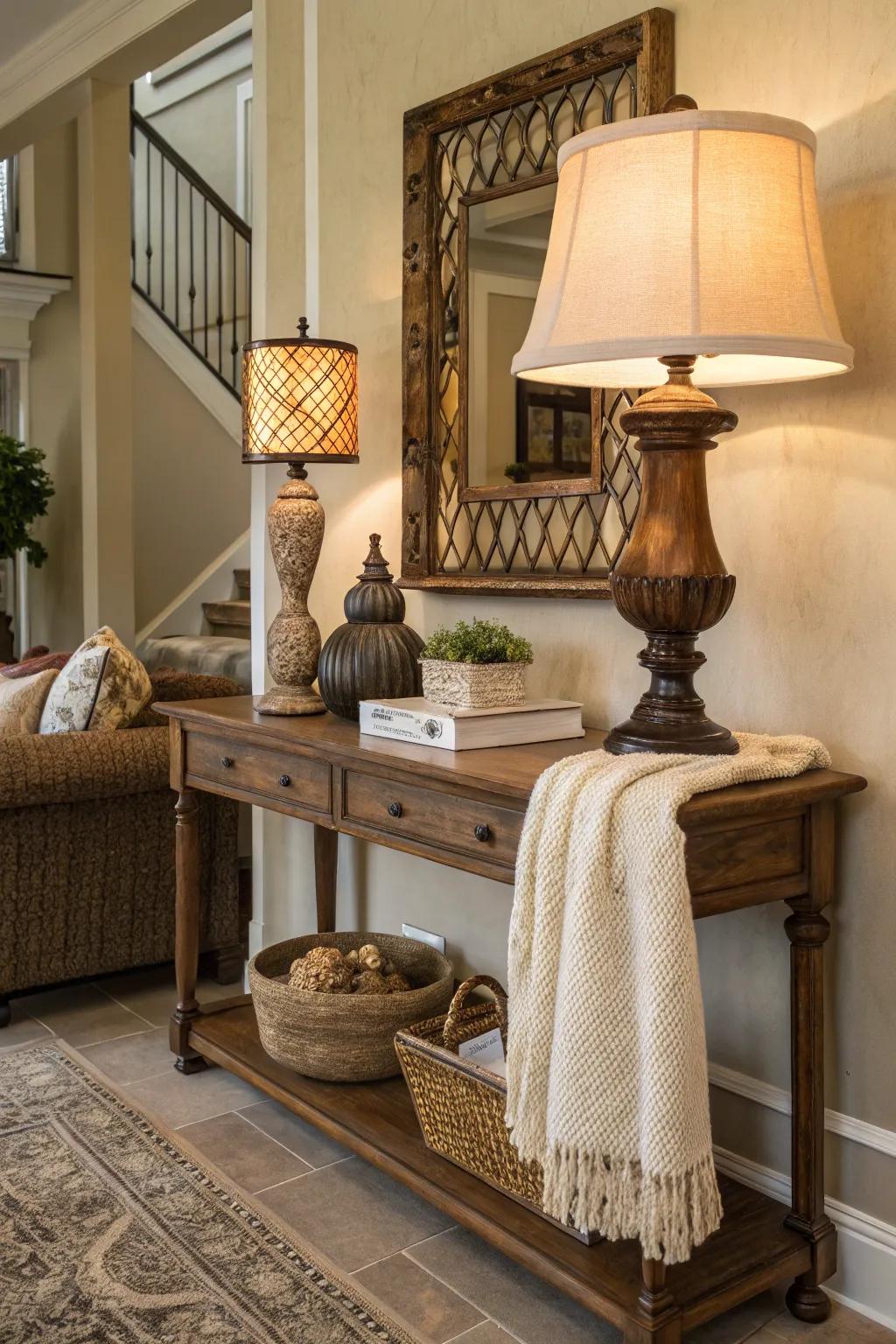 An ornamental desk light infuses warmth and chic into this welcoming entryway.