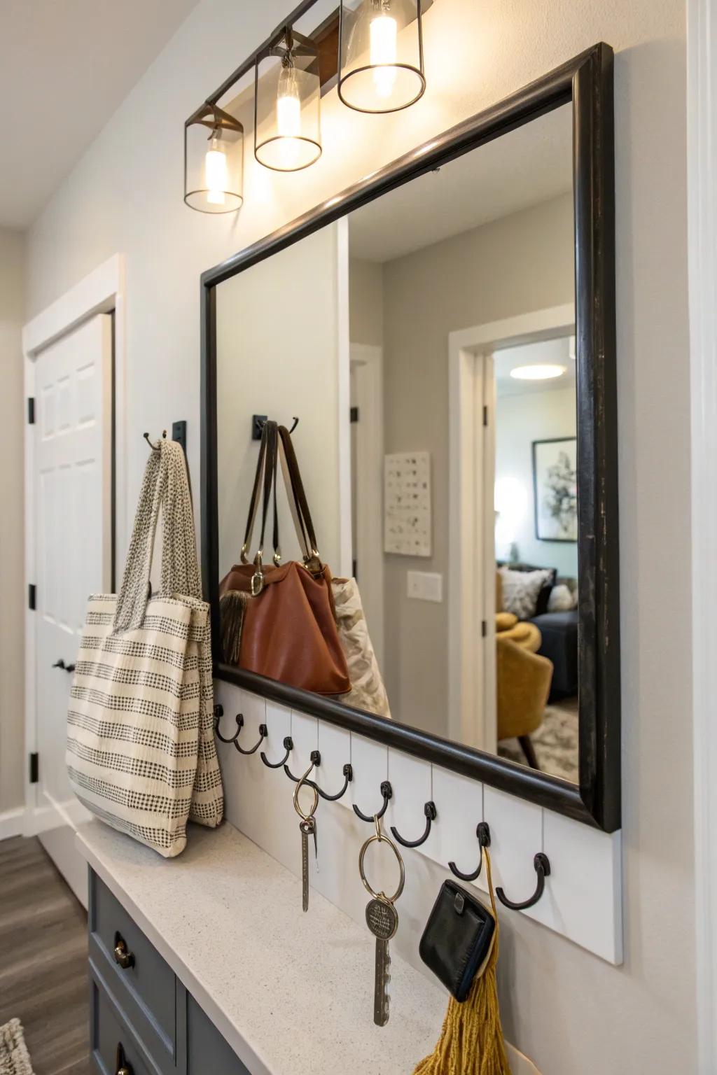 Functional elegance featuring a mirror that arranges and enhances your entryway.