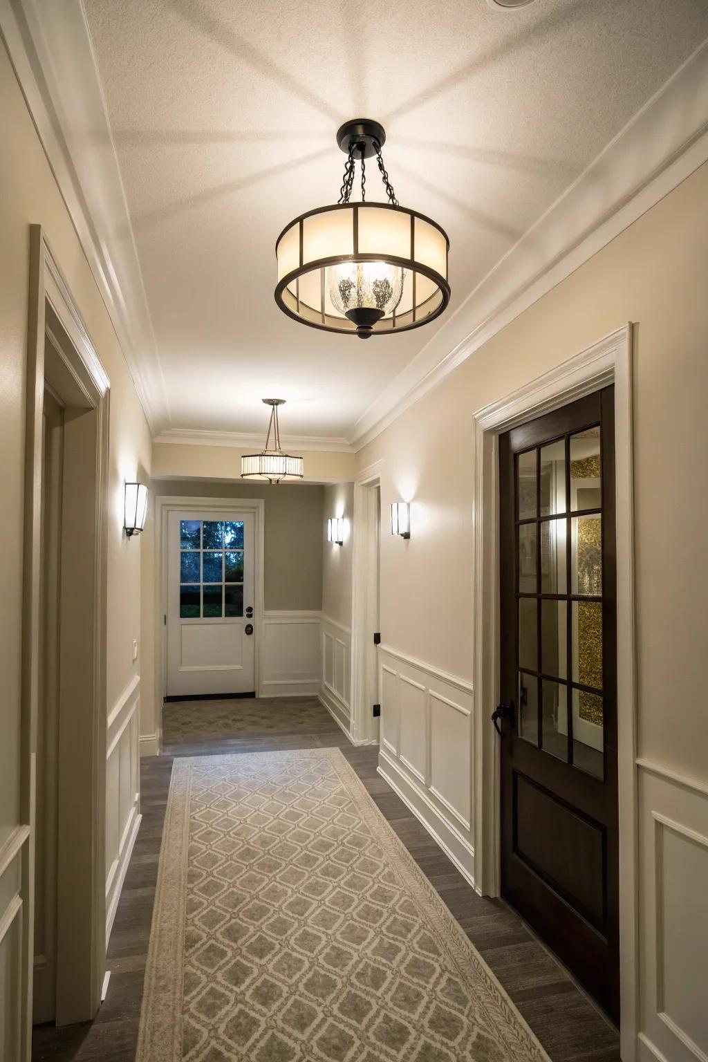 A compact foyer showcasing a flush mount ceiling light, perfectly suited for spaces with lower ceilings.