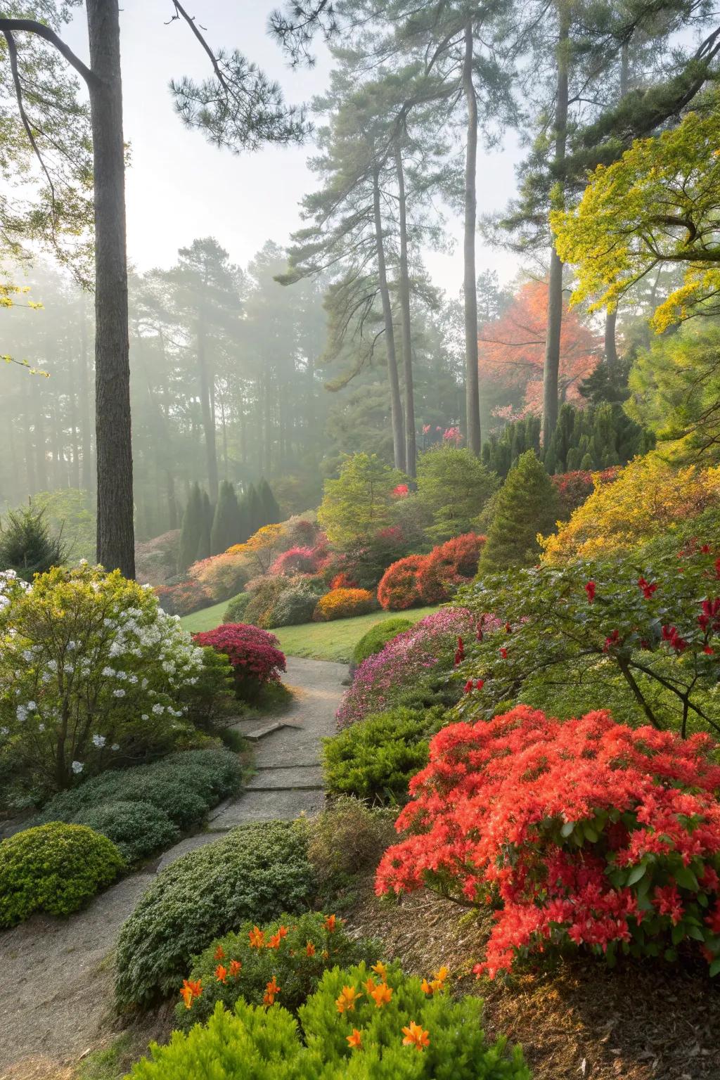 A garden full of vibrant greenery between evergreens.