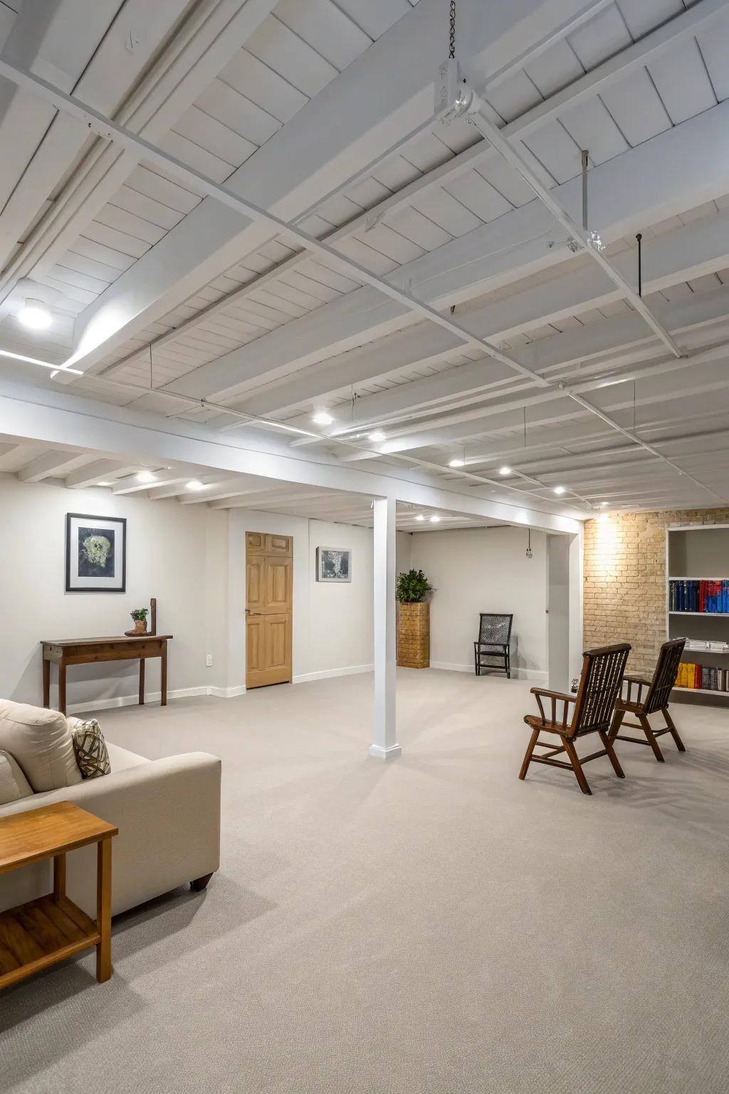 A bright and airy basement with a colored ceiling.