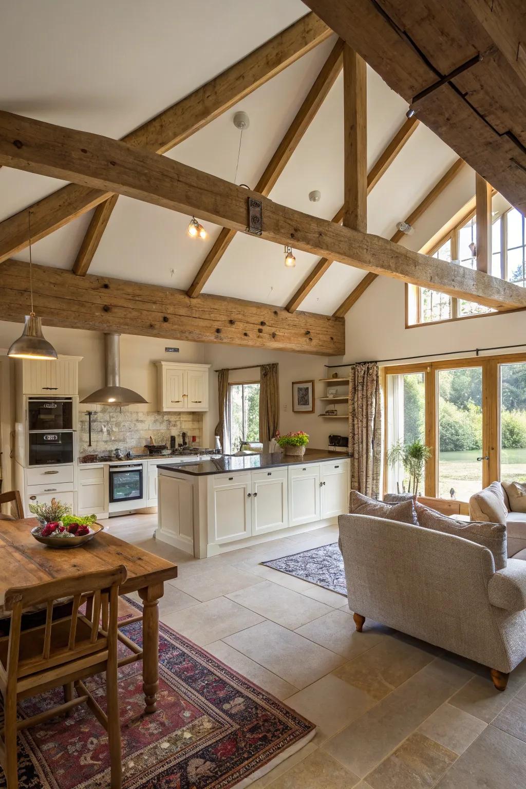 Exposed rafters encourage flow in open layouts.