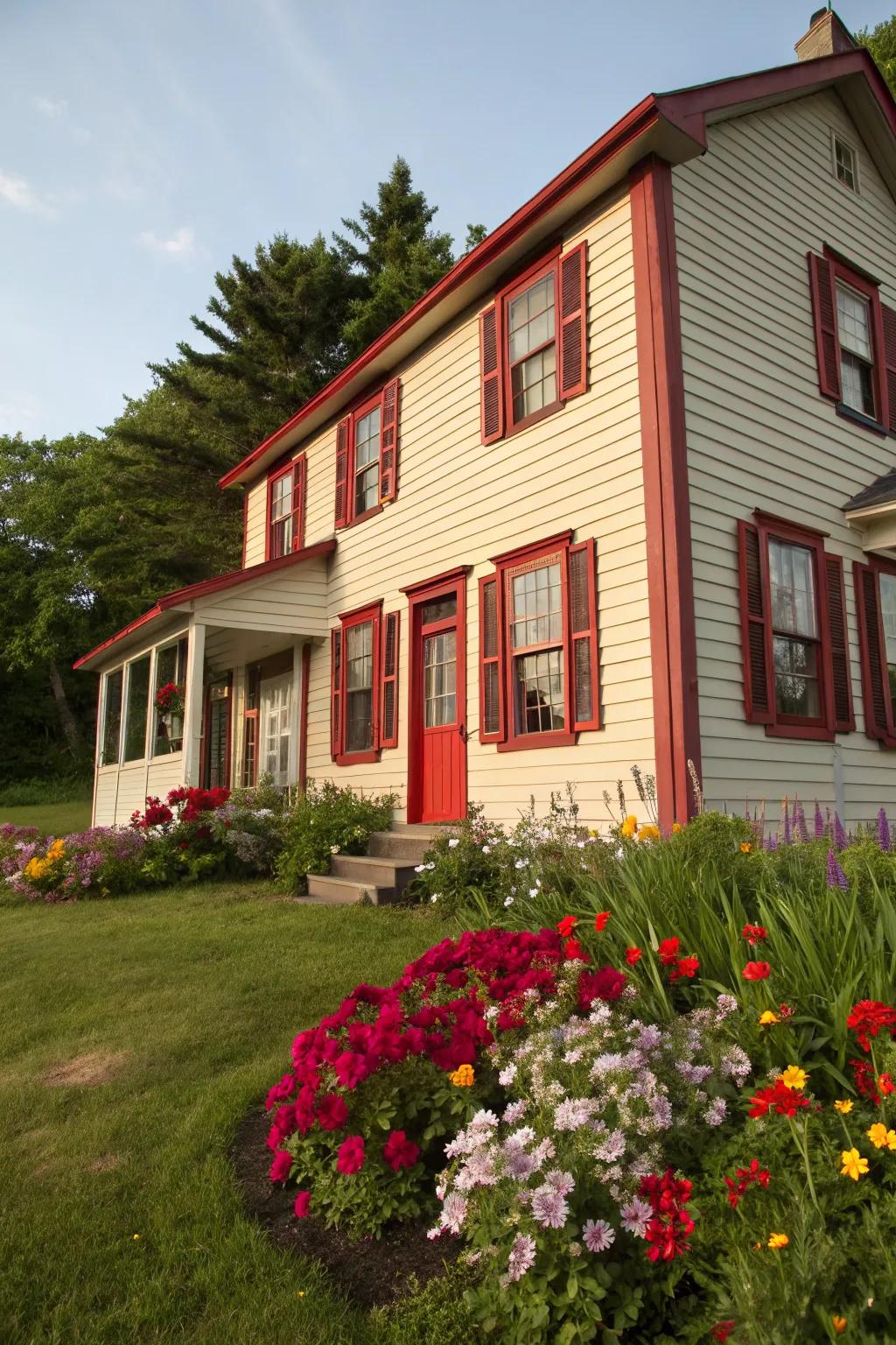 A remarkable splash of red trim bestows distinctive character upon this home.