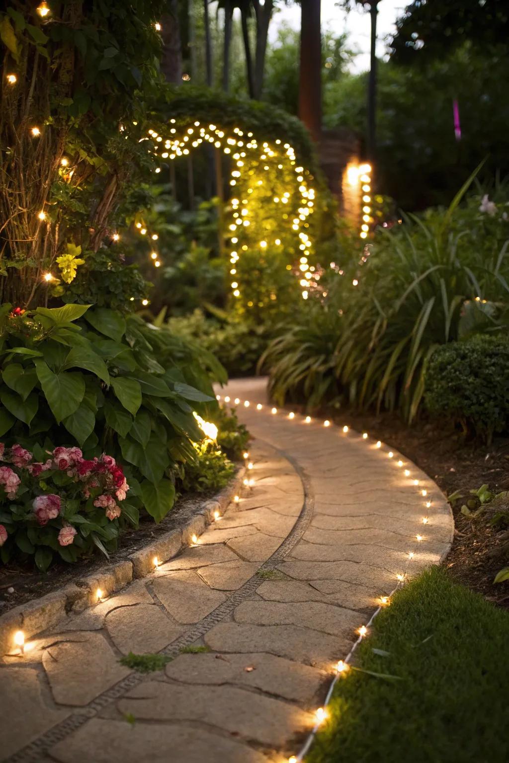 Twinkle lights illuminate walkways with a friendly radiance.