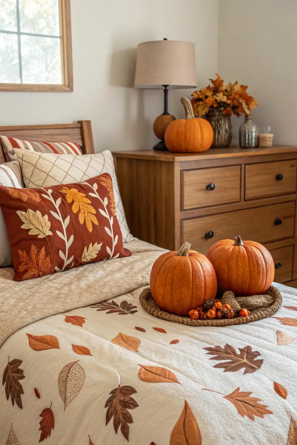 Seasonal trimmings contribute a festive element to your autumnal bedroom.