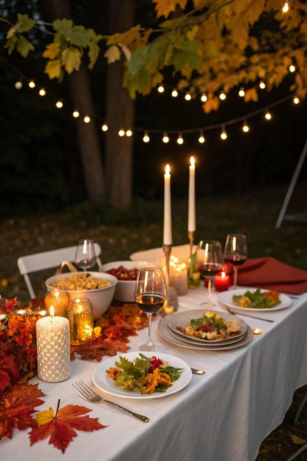 Candles and string lights craft a warm and welcoming dinner atmosphere.