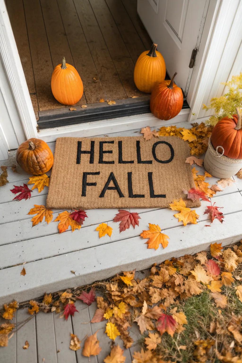 An inviting doormat with a cheerful autumn greeting.