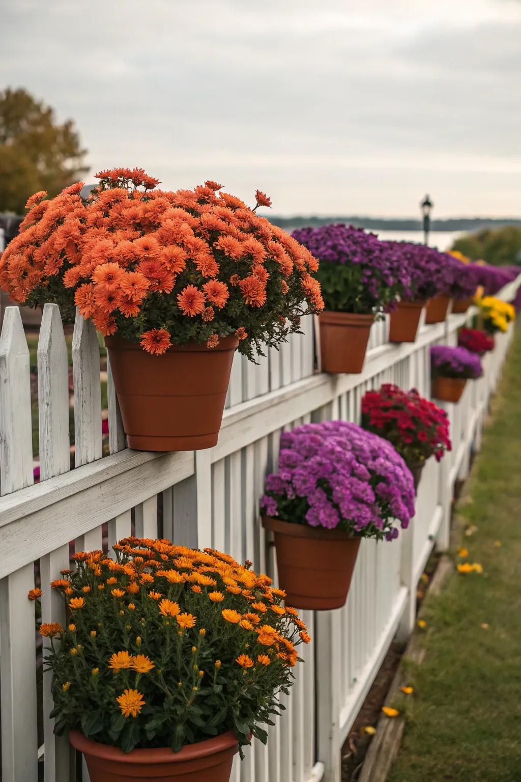 Pots of colorful mums infuse vibrant fall colors into a fence setting.