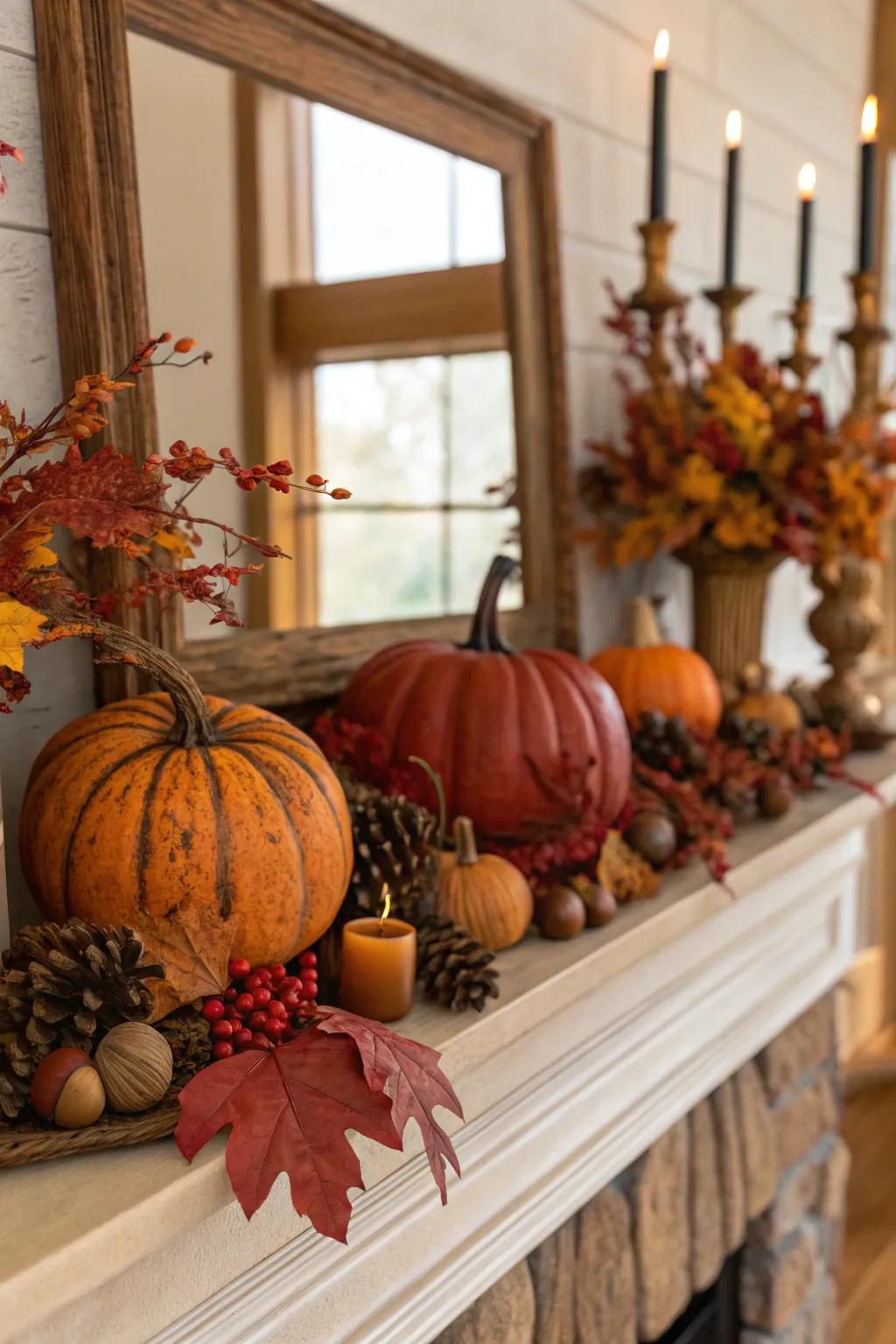 A fall mantel showcasing inviting autumnal shades to create a cozy sensation.