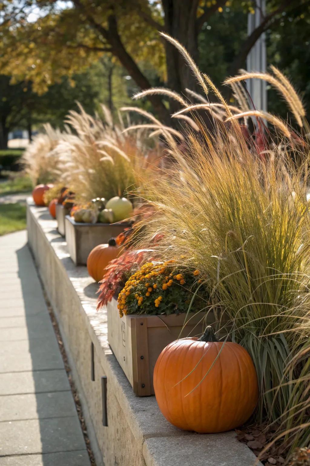 Grassy decorations matched with gourds give both texture and dimension.