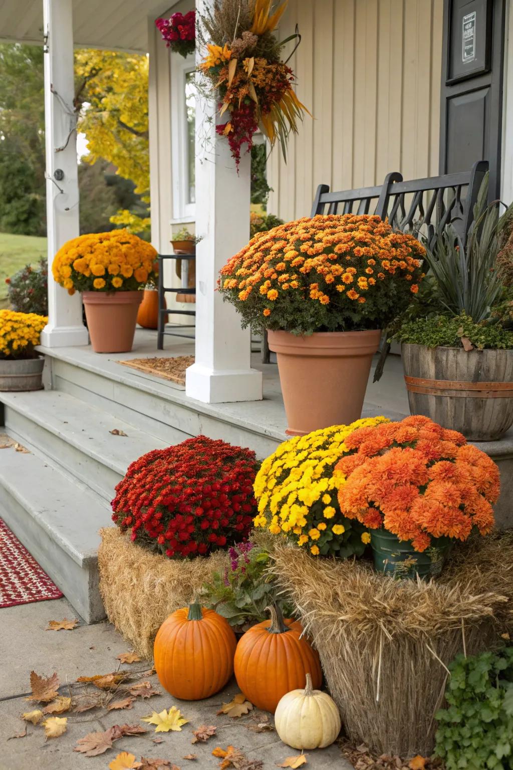 Colorful chrysanthemums breathe vitality and vibrancy into the autumnal entryway scene.