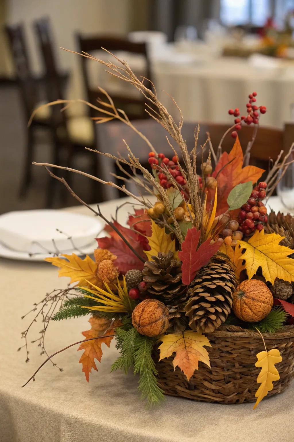 Natural elements fashion a centerpiece that celebrates the season.