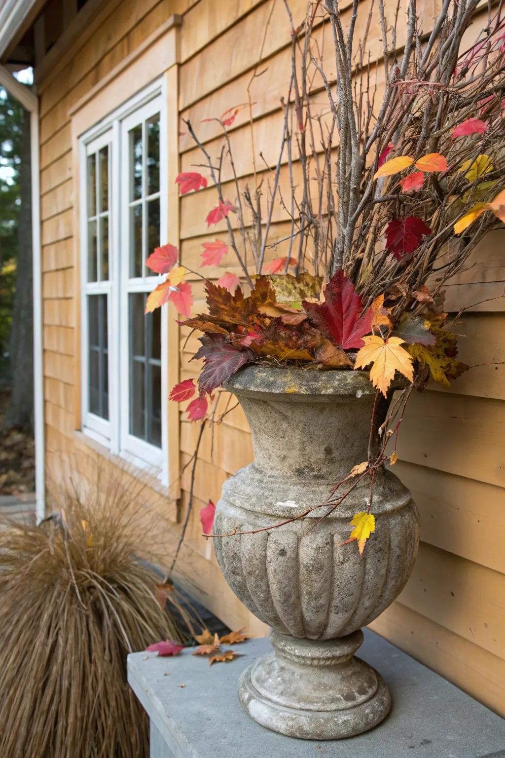 Down-to-earth appeal with branches and autumn foliage in a fall container.