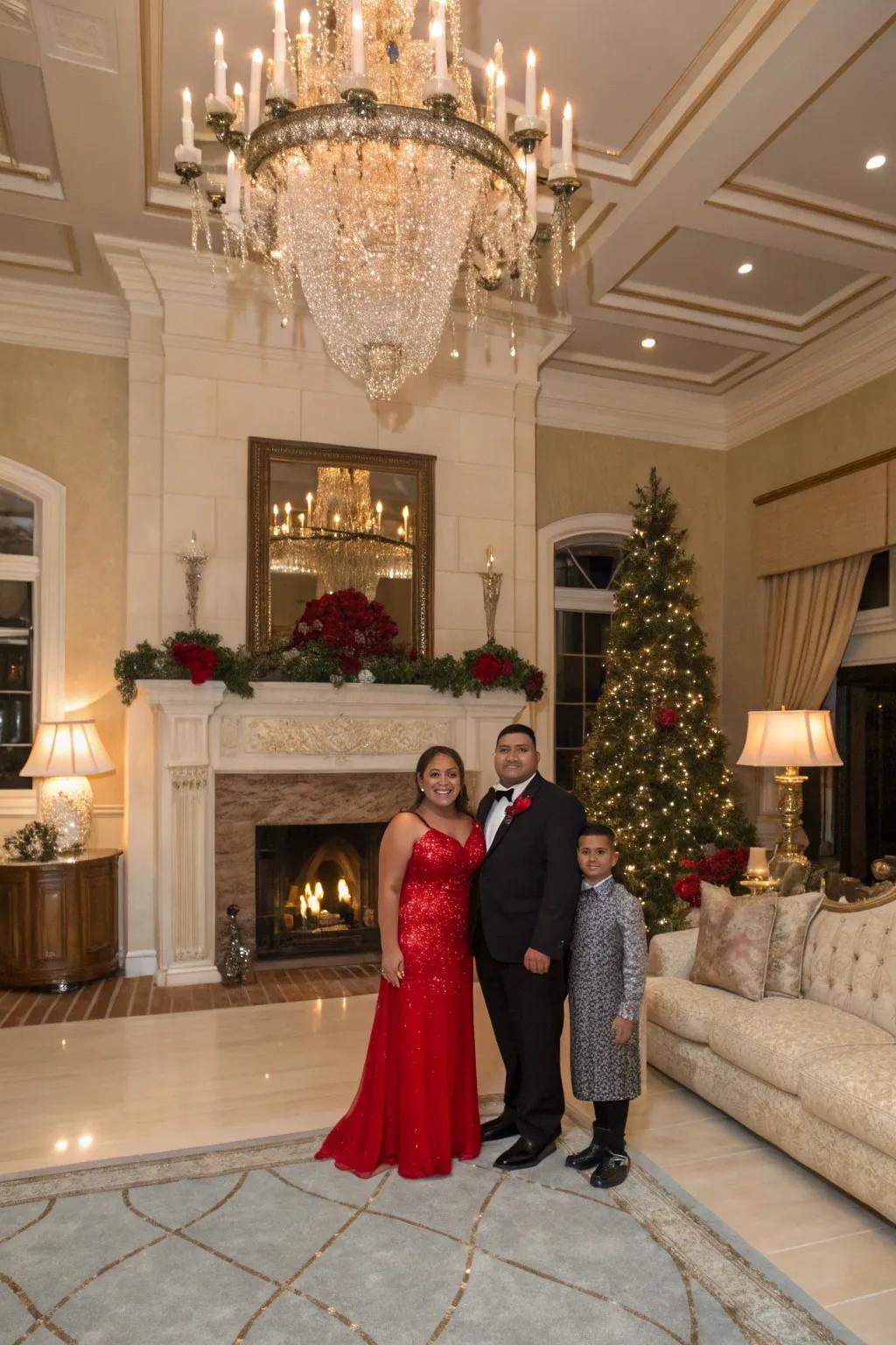 A formal family portrait amongst classy holiday decorations exudes ageless charm.