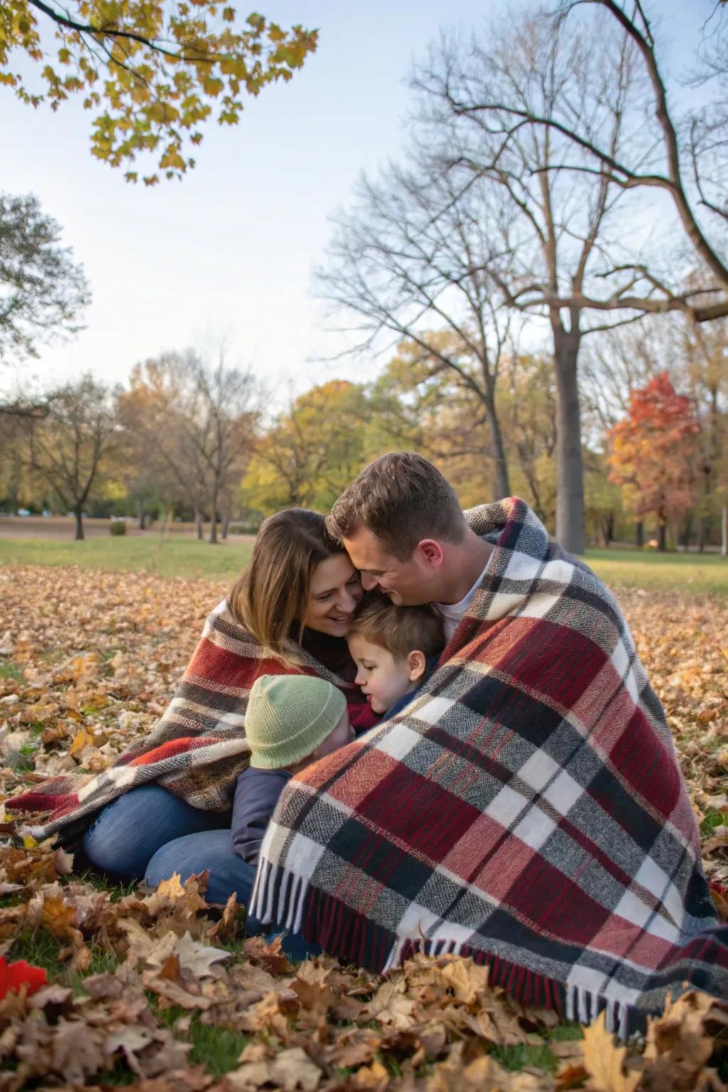 A soft blanket adds warmth and closeness to family photos.