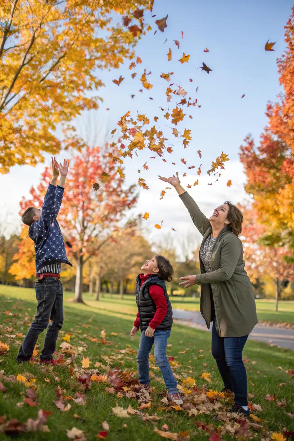 The delight of autumn: a family reveling in a playful encounter amidst falling leaves.