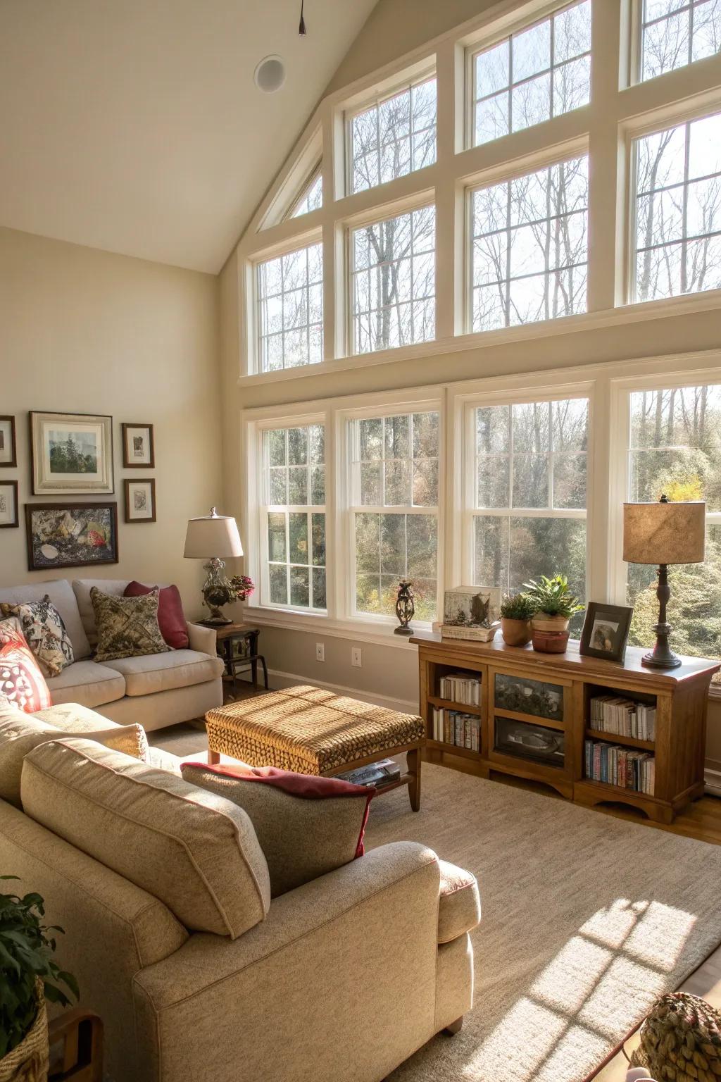 A family room luxuriating in the glow of natural sunlight.