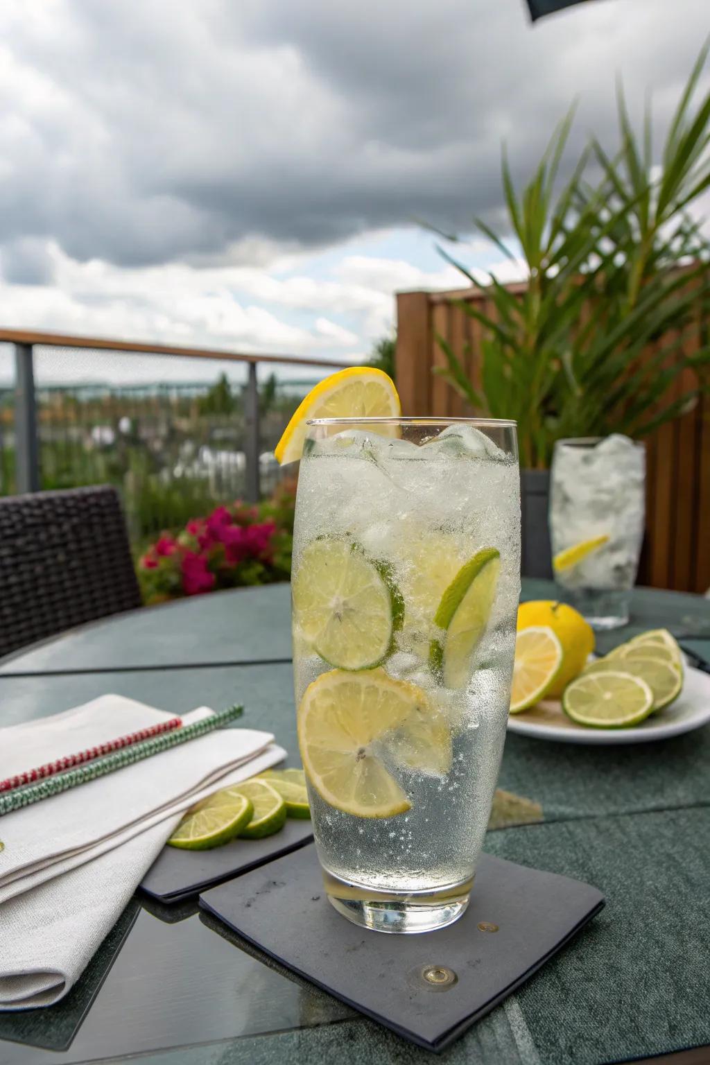 Citrus-embedded ice pieces for a zesty drink.
