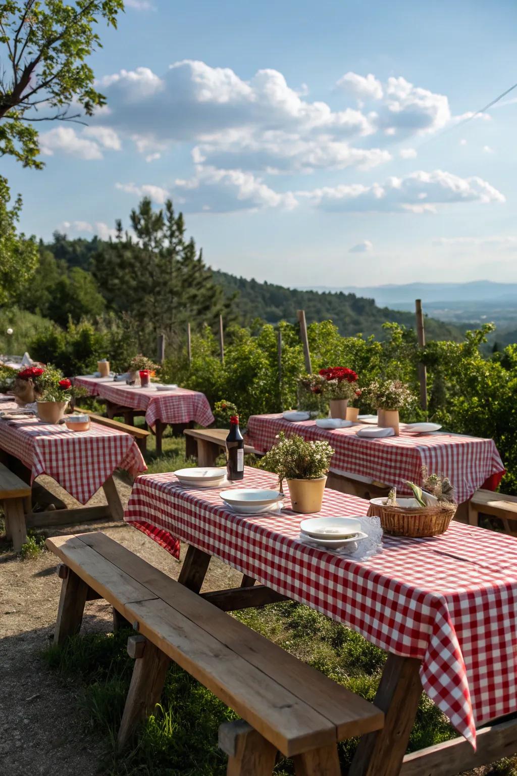Checkered tablecloths on picnic tables create a quaint countryside atmosphere.