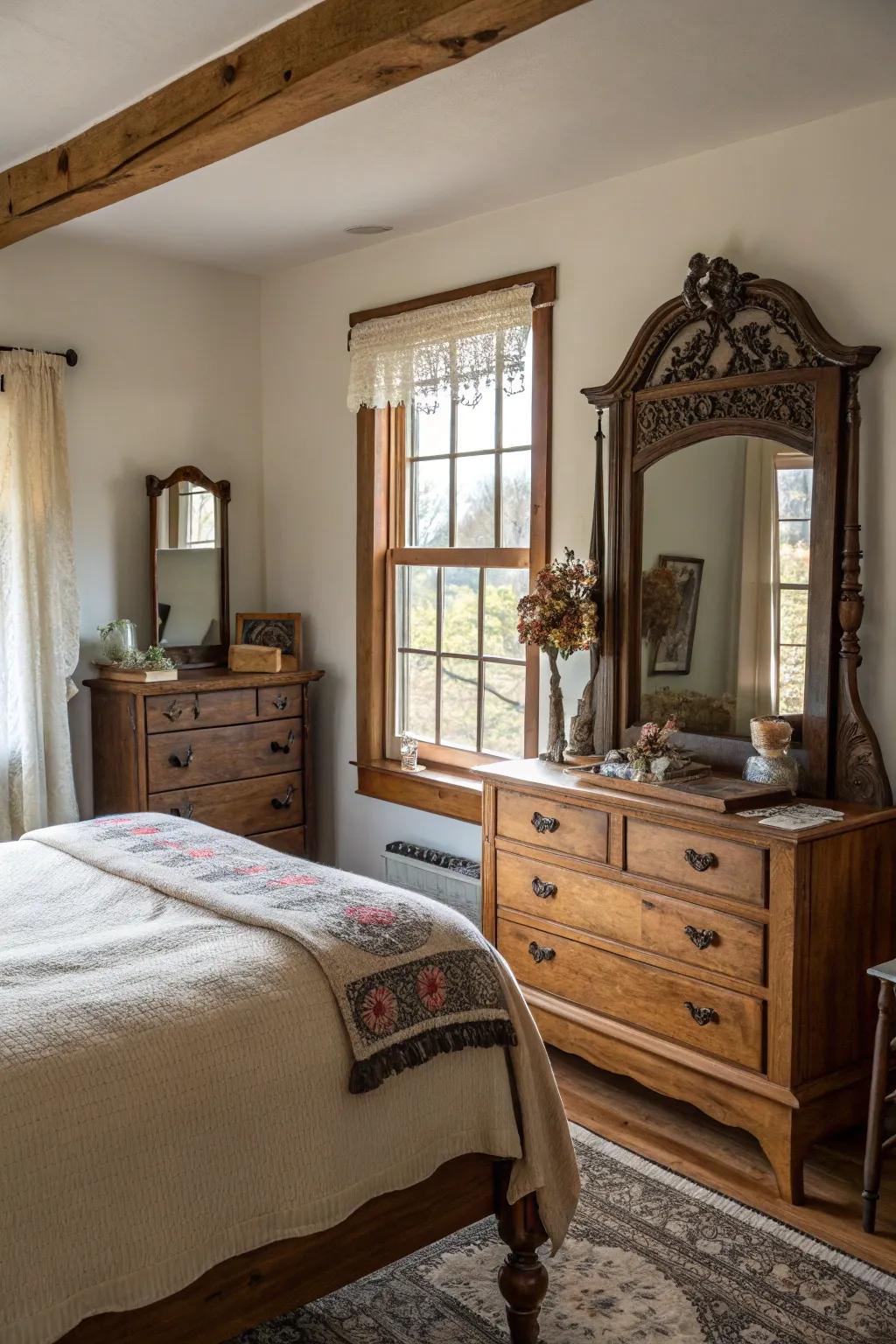 Antique mirrors provide sophistication and space.