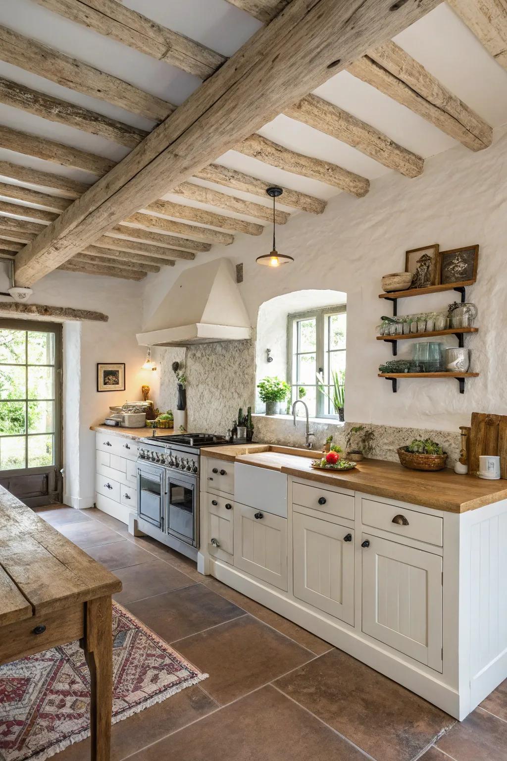 Chalked wood finish ceilings contribute brightness and refinement to this farmhouse kitchen.