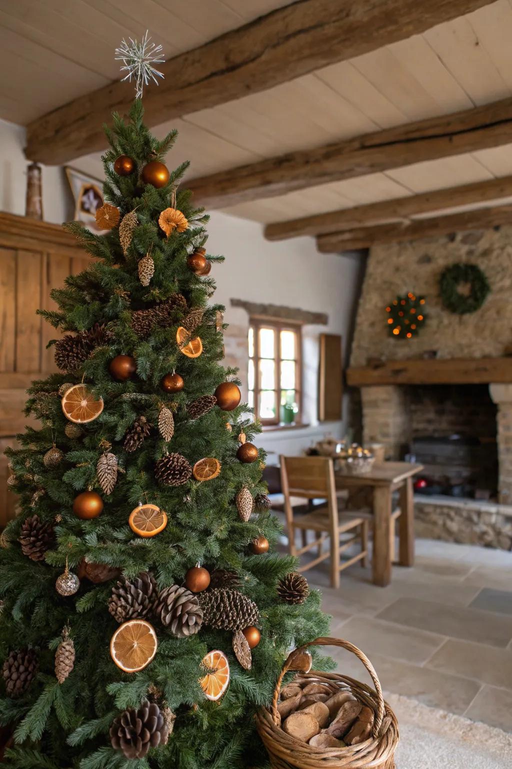 Nature-inspired accents elevate the rustic charm of this Christmas tree.