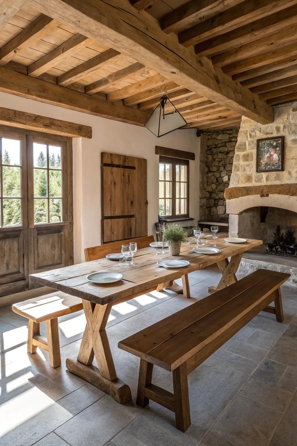 A wooden bench offers shared seating in this welcoming farmhouse dining space.