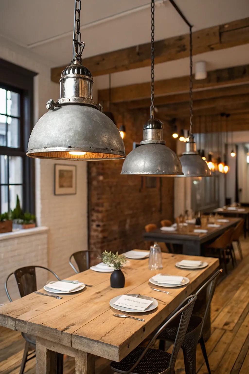 Industrial metal lamps offer a striking contrast to farmhouse décor.