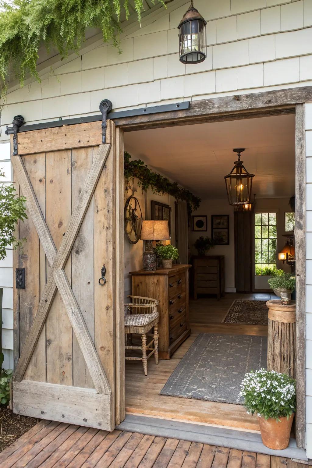A captivating entryway displaying a rolling doorway, adding character to the space.