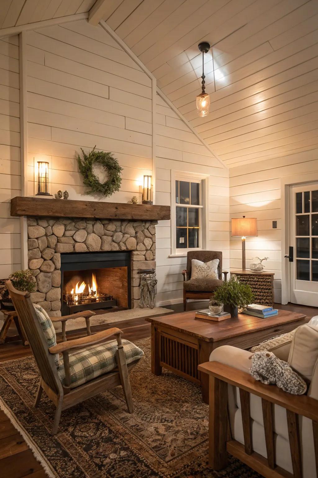 Weathered plank panels give structure to a farmhouse fireplace.