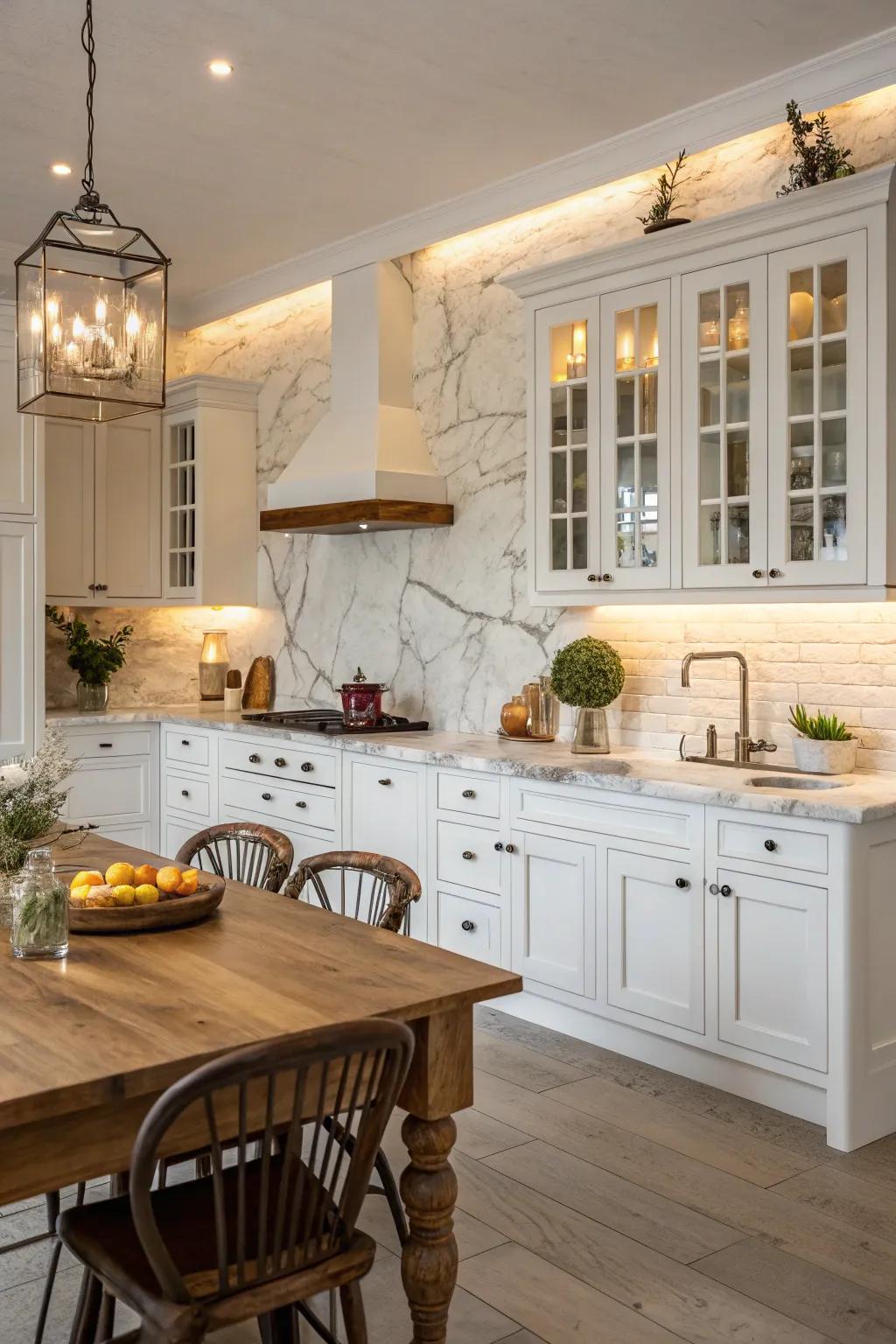 Refined polished mineral patterns enhance sophistication in this farmhouse kitchen featuring white cabinets.