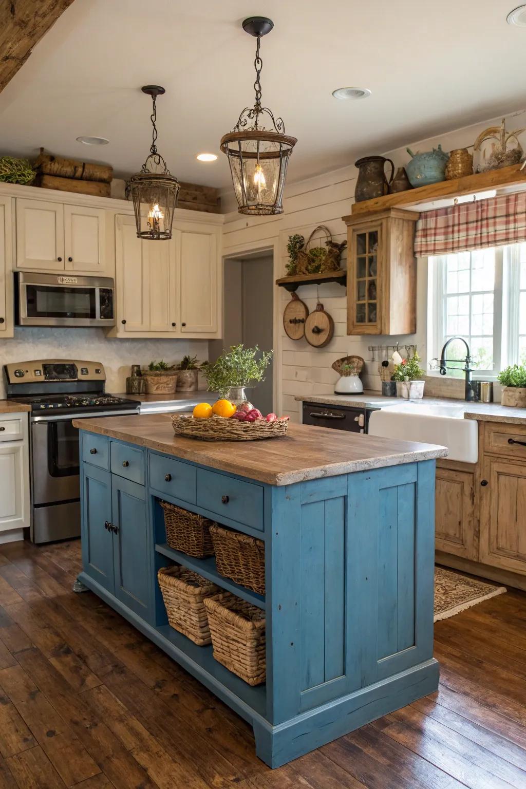 Make a bold statement by using vibrant blue chalk paint on your kitchen island.