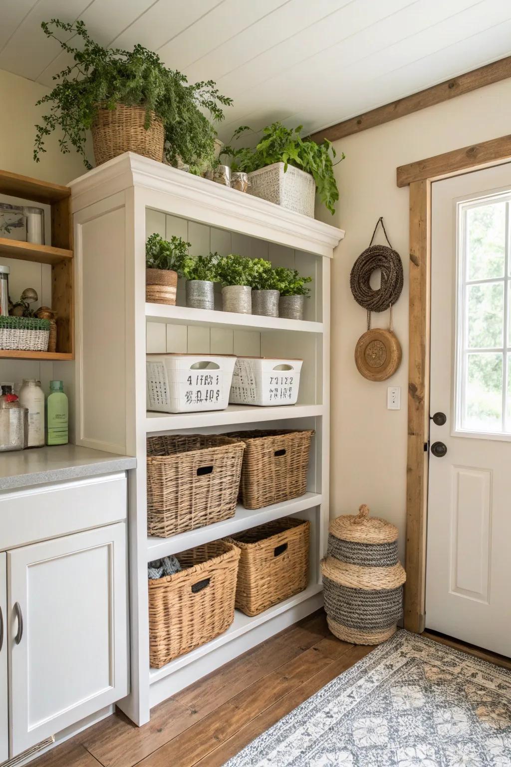 Exposed shelves enhance both the style and utility of this farmhouse laundry space.