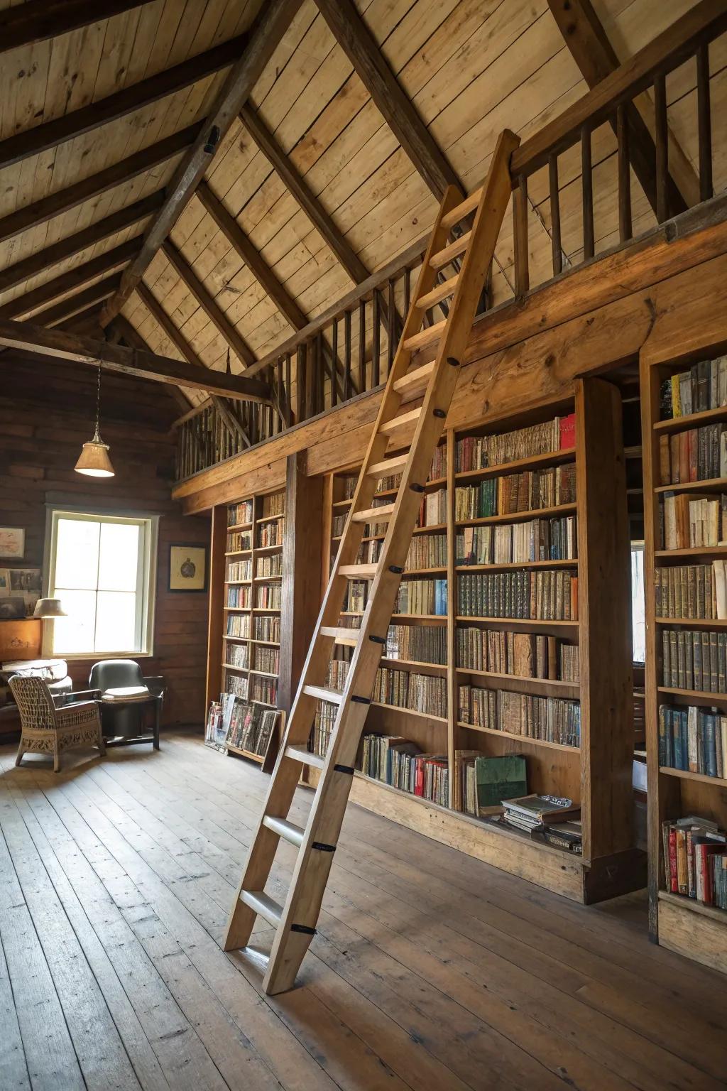 A mobile ladder makes reaching the top shelves easy and gives the library character.
