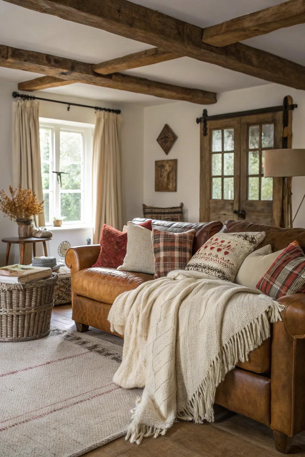 Layered fabrics contribute warmth and profundity to this inviting farmhouse living area.