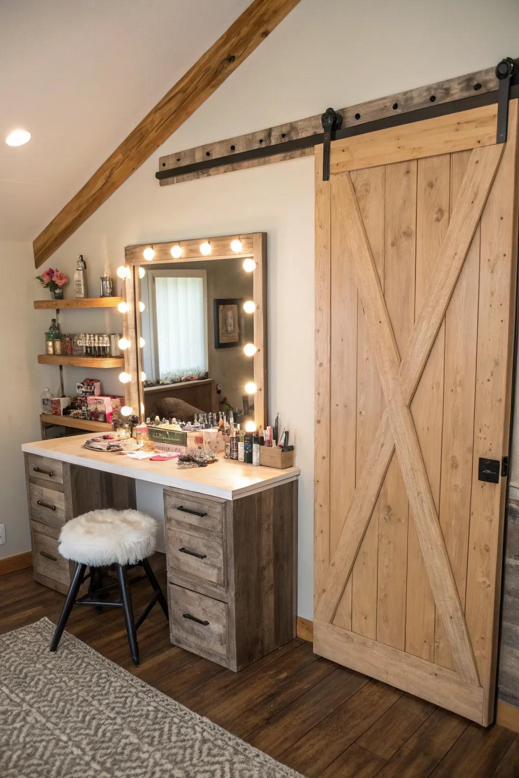Barn-style sliding doors combine rustic charm and practicality.