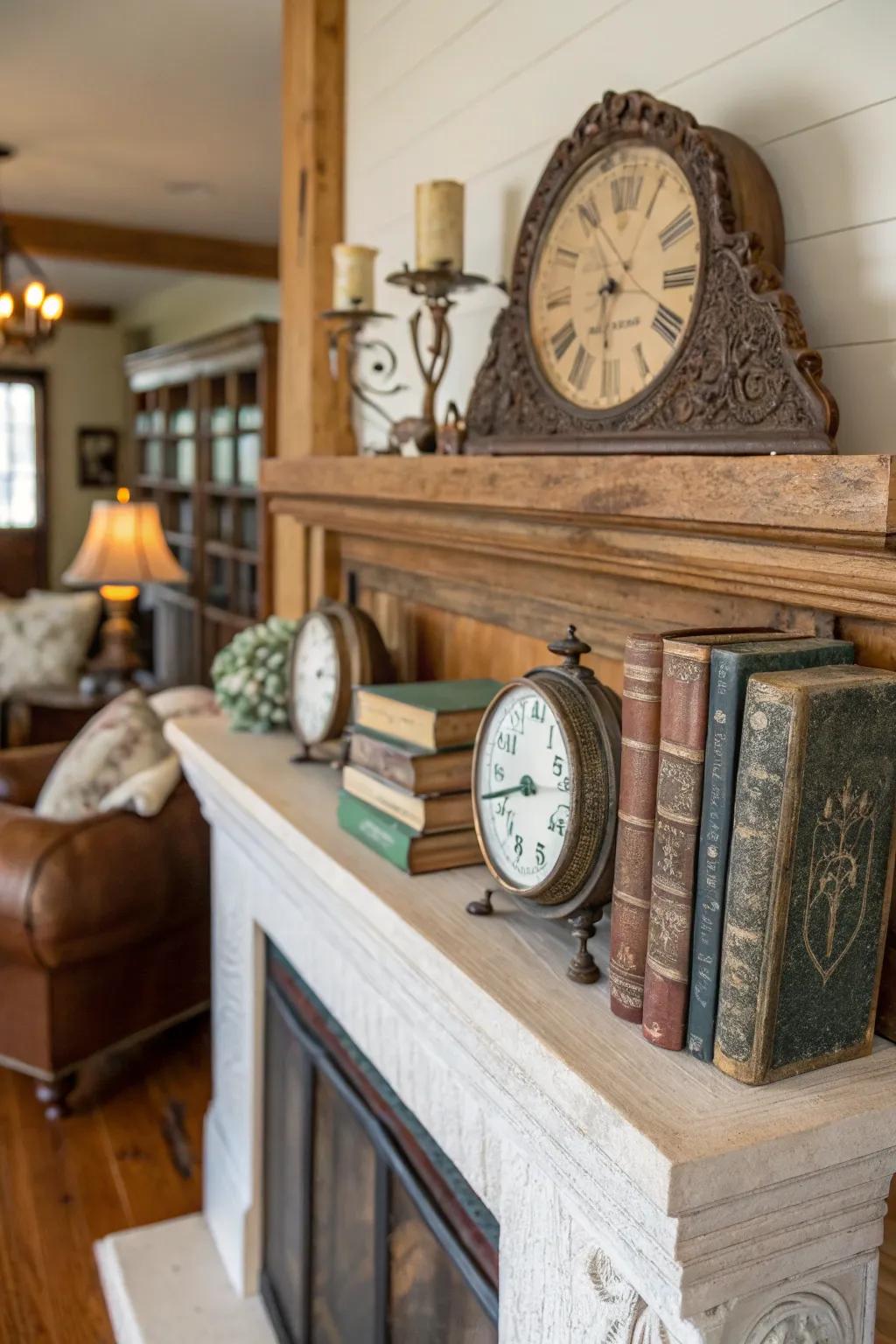 Vintage finds contribute a sense of history and personality to the mantel.