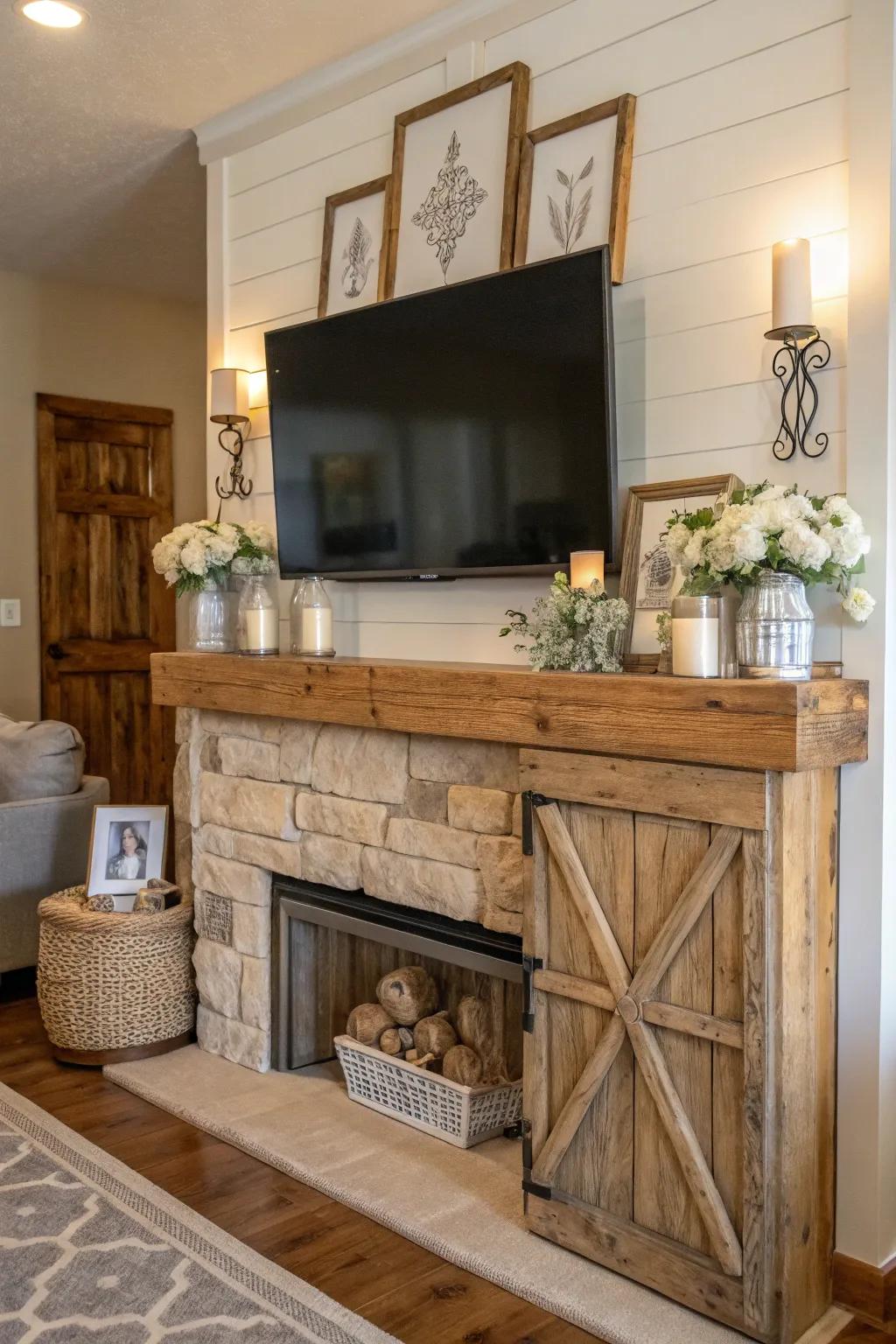 An inviting mix of weathered wood features and farmhouse d&eacute;cor on a mantel beneath a TV.