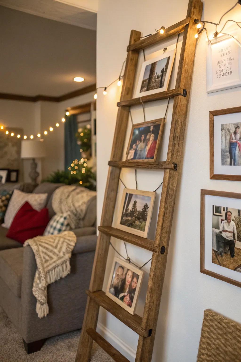 Charming family photo display featured on an aged ladder